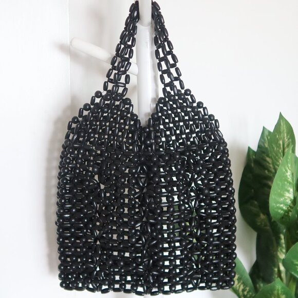 Handmade Black Wooden Beaded Tote Shoulder Bag Vintage Boho - Picture 4 of 10